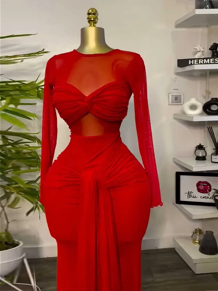 Female Clothing Transparent Bodycon Dress Long Sleeve Solid Color Women Flowy Autumn Dress Stretch Sexy Elegant Dress Ladies