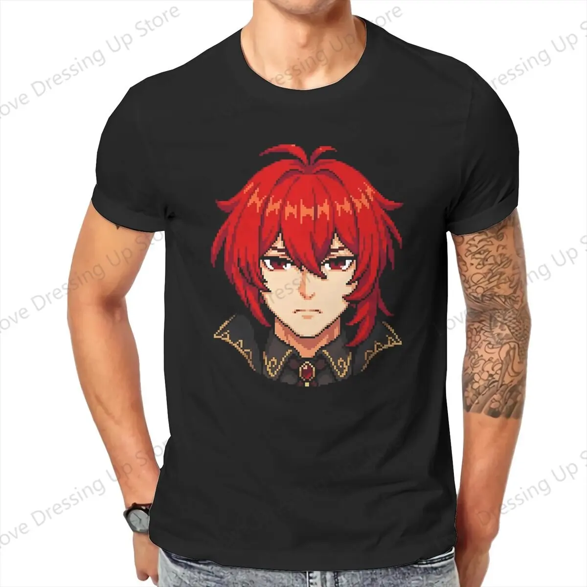 100%Pure Cotton Casual Men T-Shirt Genshin Diluc Pixel Short sleeve Tshirts Harajuku Tee Funny Tops