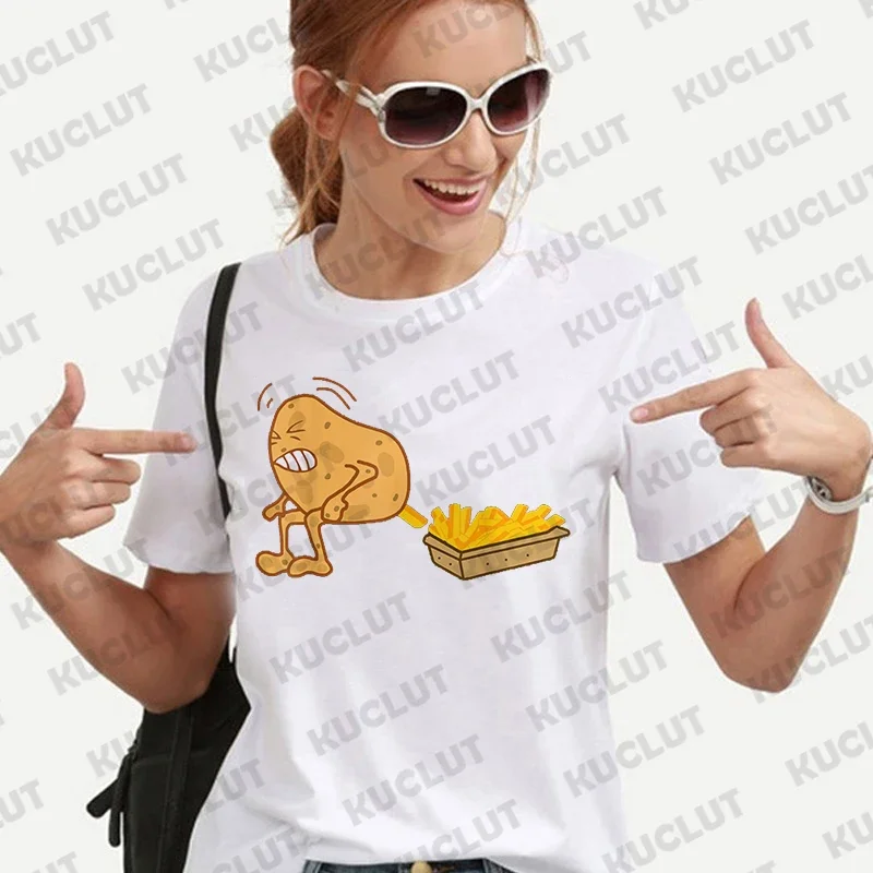 Funny Potato Fries Print Women T Shirt Clothing Short Sleeve O Neck Women Tshirt Ladies Tee Shirt Tops Clothes Camisetas Mujer