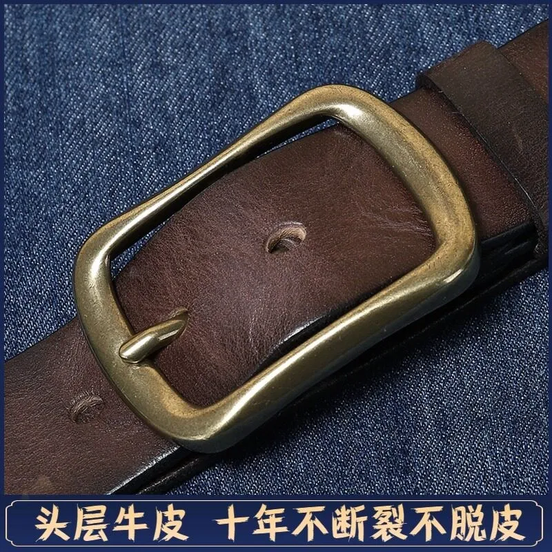 Solid copper belt men's top layer cowskin needle simple and versatile leather for young people