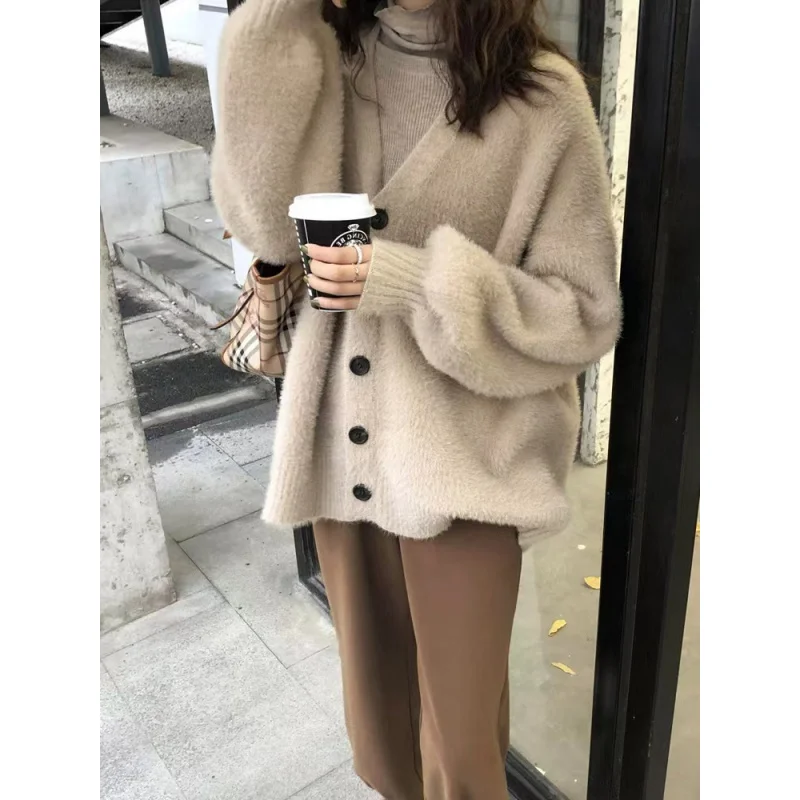 New 2024 Autumn Idle Style Lantern Sleeve Mink-like Wool Loose Sweater Casual Knitted Cardigan Coat for Women Thick