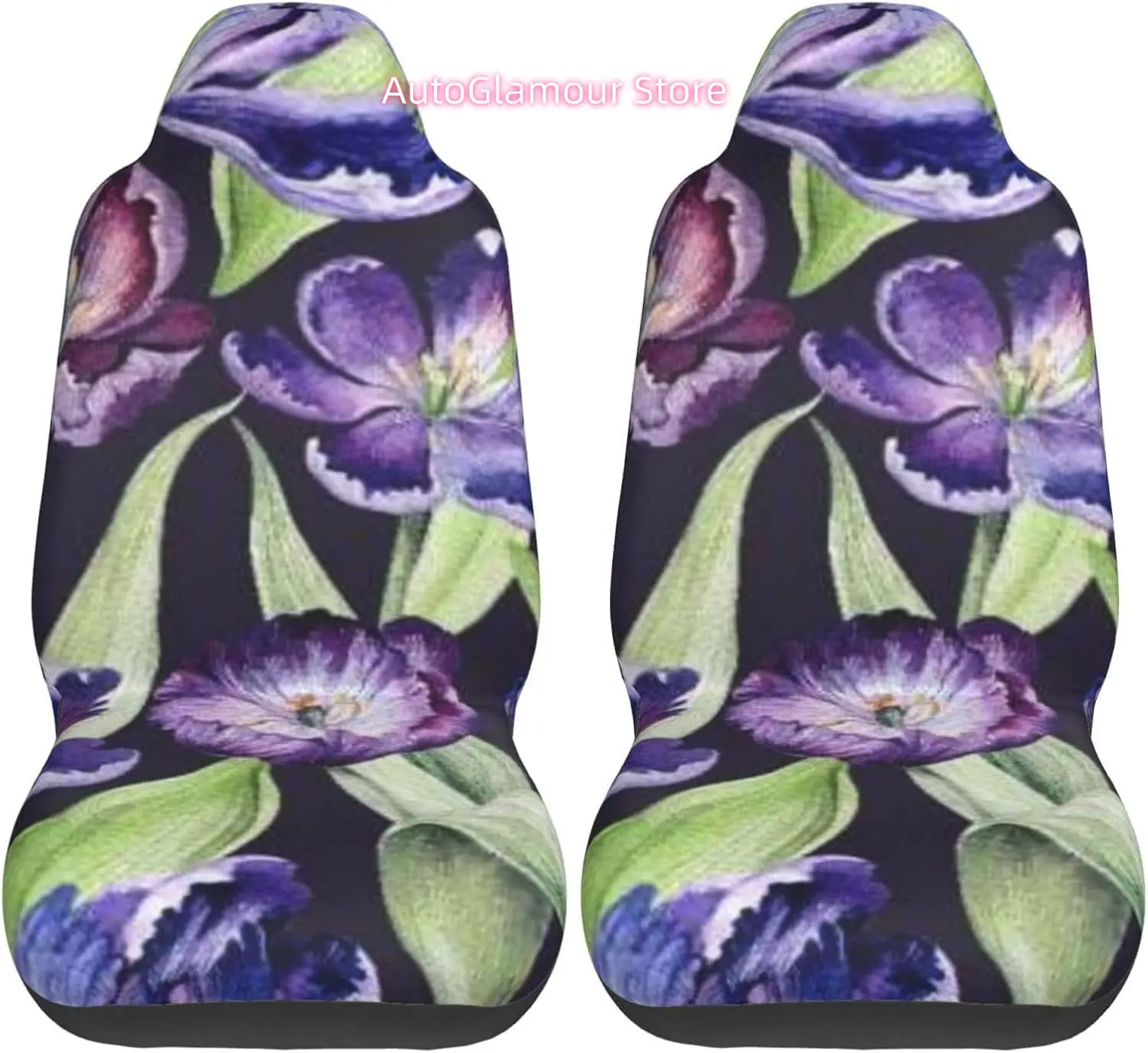 Watercolor Violet Tulip Purple Blossom Flowers Universal Car Seat Covers 2-Piece Set - Stretch-to-Fit Front Seat Protectors for