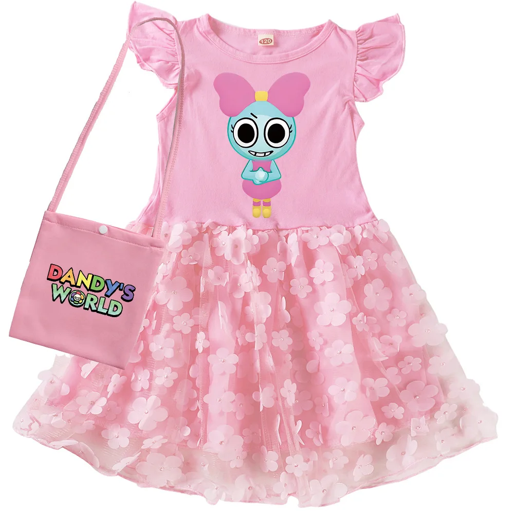 Horror Game Dandy's World Clothes Kids Cartoon Dandys World Dress Baby Girls Short Sleeve Evening Dresses Children Mesh Vestidos