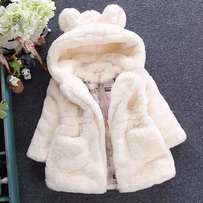 Autumn and Winter Girls\' Solid Color Rabbit Ear Hooded Plush and Thick Warm Jacket Fashionable and Versatile Cotton Jacket