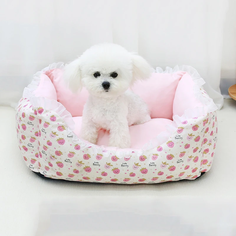 Winter Detachable Washable Dog Bed for Small & Medium Dogs - Cozy Pet Mattress with Pink Ruffles Indoor Pet Furniture