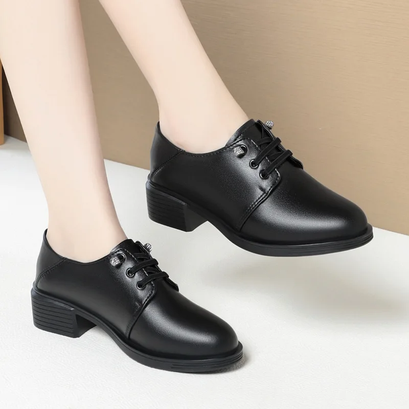 GKTINOO 2024 Spring Autumn Genuine Leather Shoes Woman Pumps British Soft Sole Plus Velvet Warm Black Shoes Mid Heels