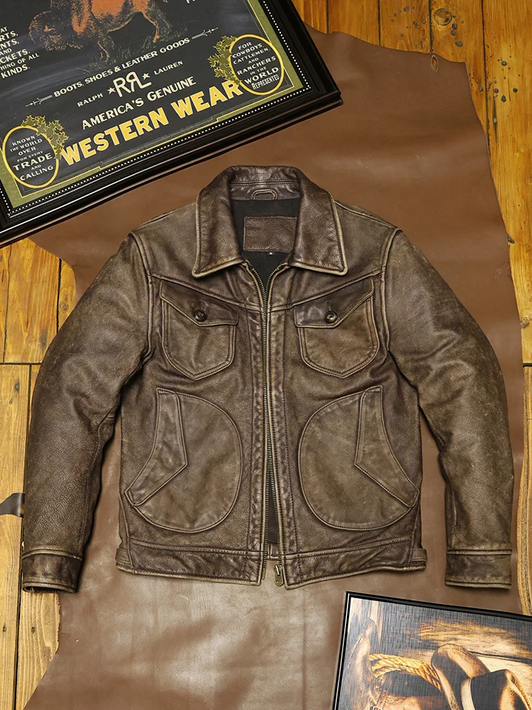 

Mens Genuine Leather Jaet Retro Farmowner Sle Motorcycle Jaet Top Layer Cowhide Outerwear Faion Urban Casual Leather ...