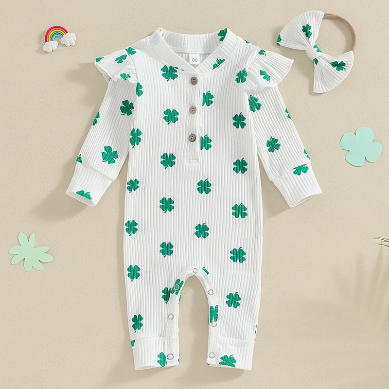 Stylish Toddler St Patrick s Day  Clover Patterned Bodysuit with Matching Hair Bow for Irish Celebration