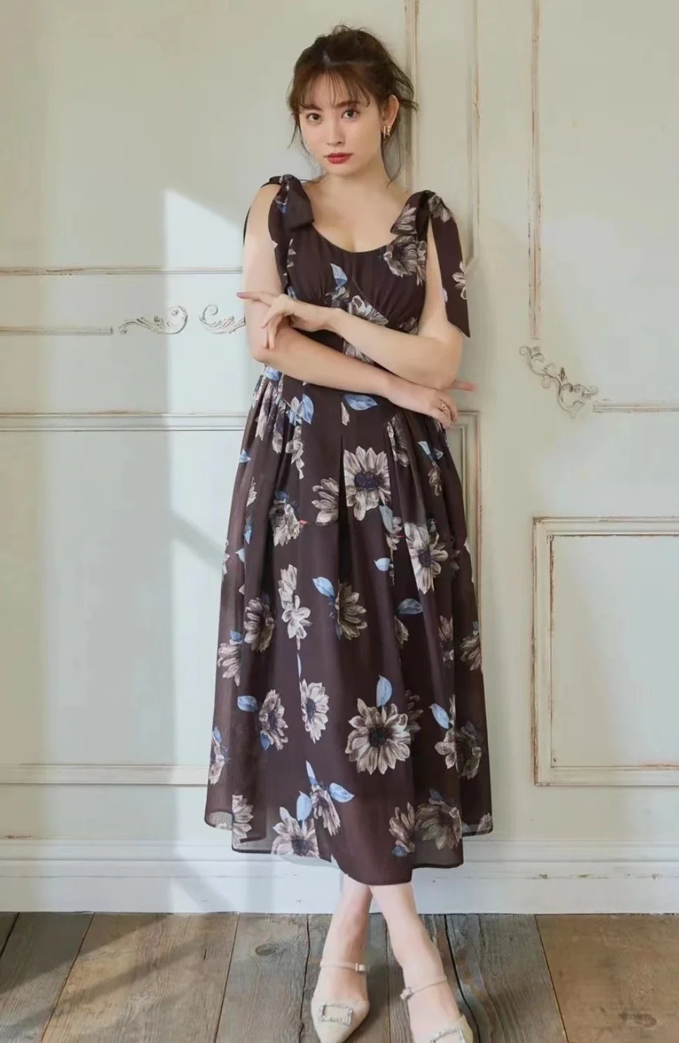 Summer Vacation Style Small Island Yangcai H Family Sunflower Print  Knot Shoulder Strap Dress Pure round High Waist...
