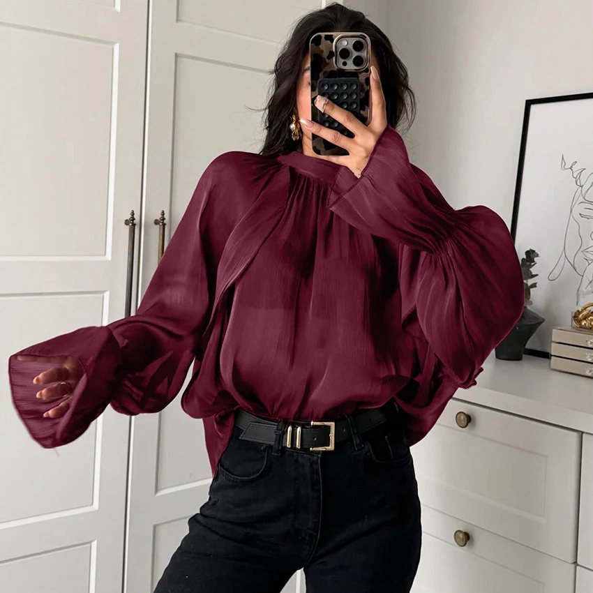 Linad Elegante Mesh Coltrui Shirts Vrouwelijke Street Chic Wijnrood Sheer Flare Mouw Blouse Vrouwen 2026 Lente Casual Losse Tops
