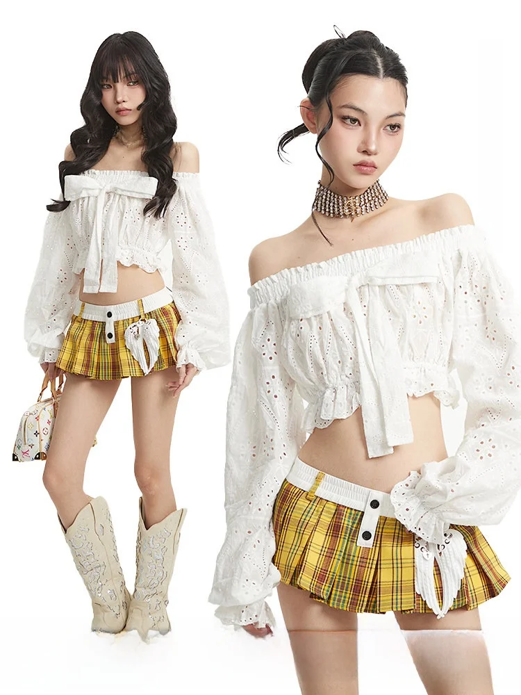 

Princ Sle ort Length Bubble Sve irt for Women with Knot Long Sve Top White Color Retro Court Faion