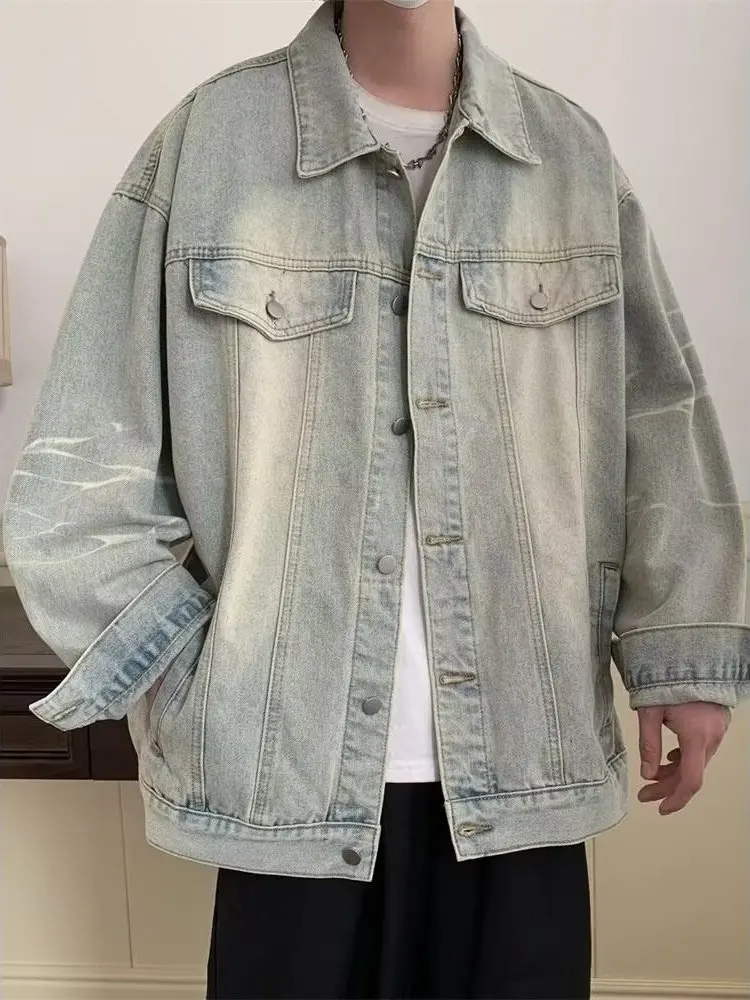 

Retro Waed Lightning Print Denim Jaet Men's Spring Autumn Casual Loose High Street Haome Coat Trendy Brand Top