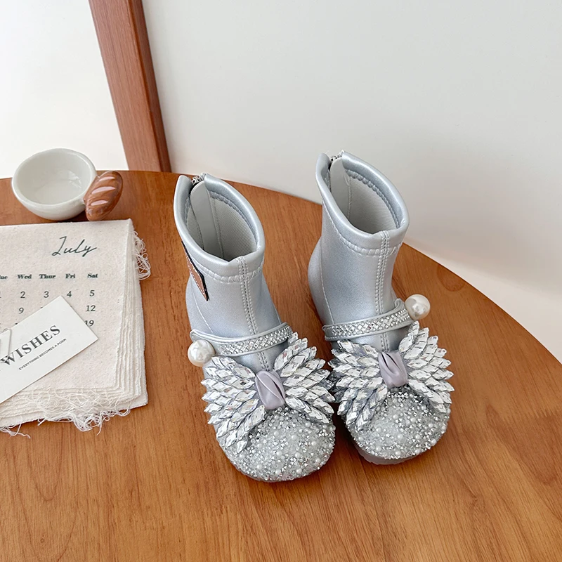Toddler Girls Sparkly Bowknot Leather Boots 2026 New Winter Kids Thermal Ankle Boots Non-slip Princess School Christmas Party