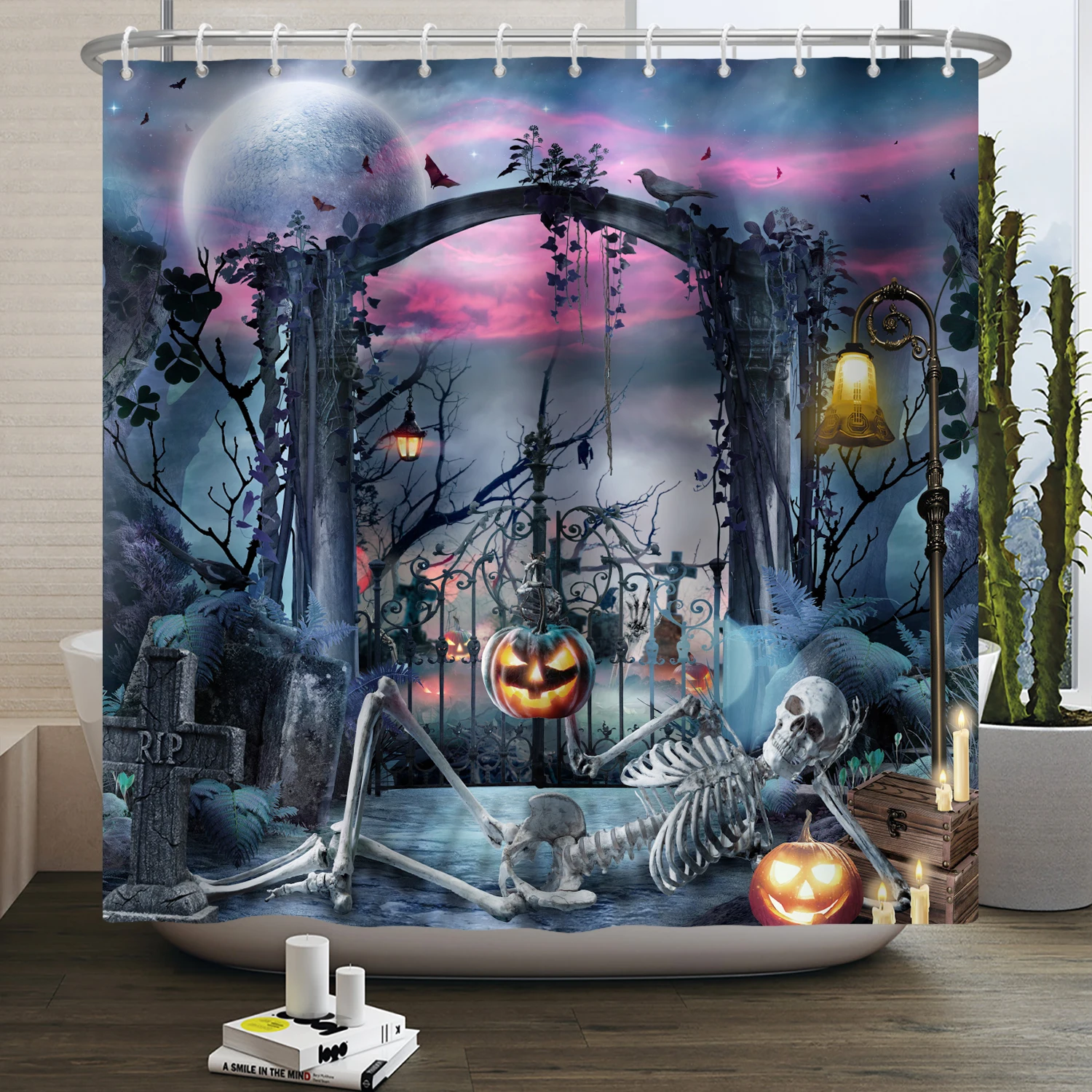 Halloween Shower Curtain Horror Moon Night Pumpkin Skull Skeleton Scary Castle Witch Ghost Cemetery Waterproof Bathroom Curtains