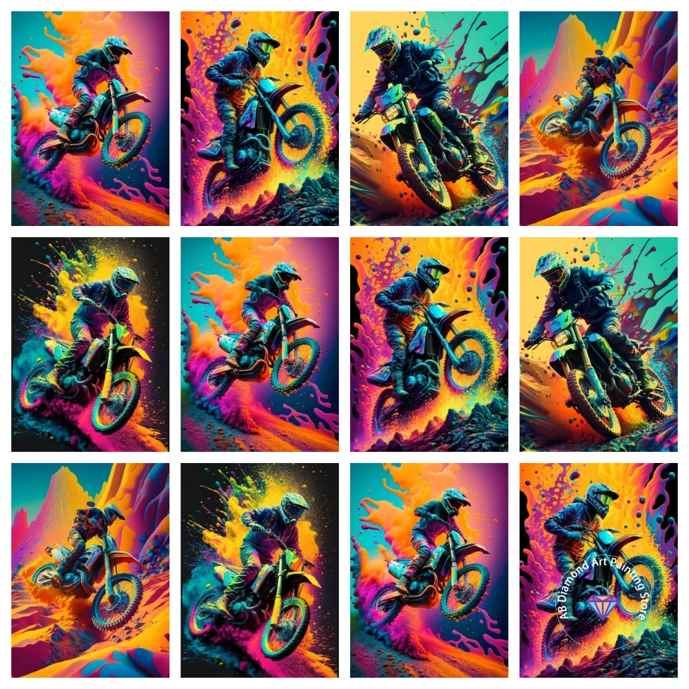 

Off road Color Motorcycle Riding AB Diamond Painting Kit Square Round Diamond 5D DIY Mosaic Handmade Art Adult Gift Home Decor