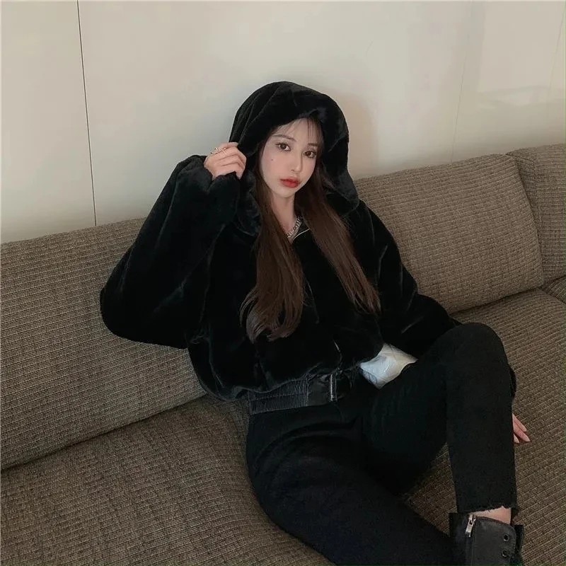 Cozy Women Faux Fur Jacket Hooded Plush Coat Zip Up Fluffy Long Sleeve Cropped Winter Warm Preppy Cute Outerwear Top