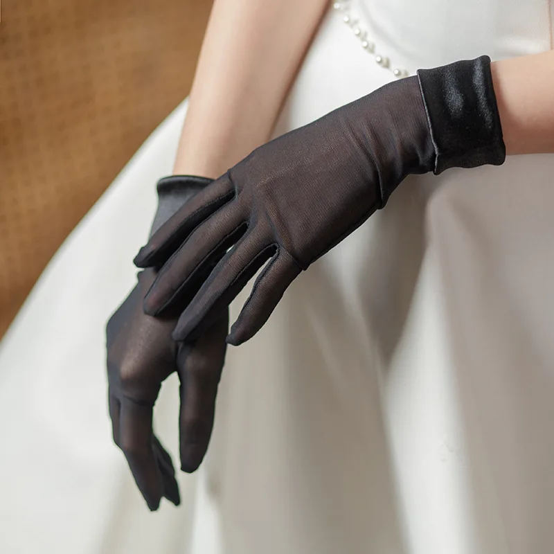 Fashion Elegant Satin Wrist Elastic Mesh Women Short Gloves Tulle White Black Bridal Wedding Banquet Drive Etiquette Mittens