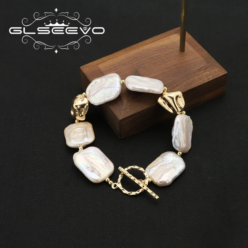 GLSEEVO Shining Natural Baroque White Square Pearls Luxury Bracelet For Woman Fashion Luxury Designer Jewelry Thanksgiving Gifts