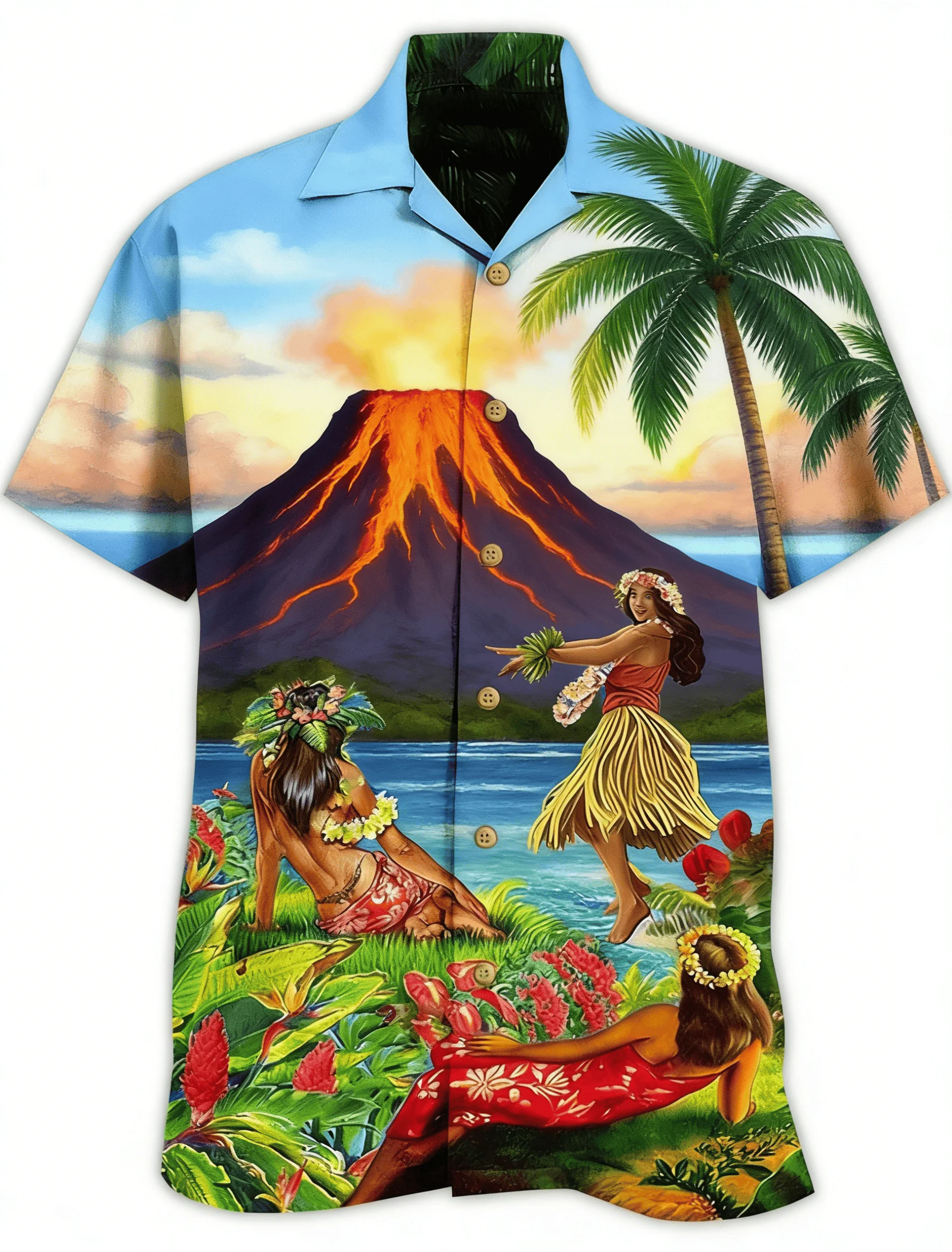 

Men's Hawaiian Hula Dance Print Short Sleeve Shirt, Spring Summer Tropical Vacation Casual Top, Pocket Lapel Style