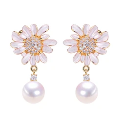 ZHBORUINI 2024 New Natural Freshwater Pearl Earrings for Women Sweet Sunflower Dynamic Pearl Earrings S925 Silver Needle Jewelry