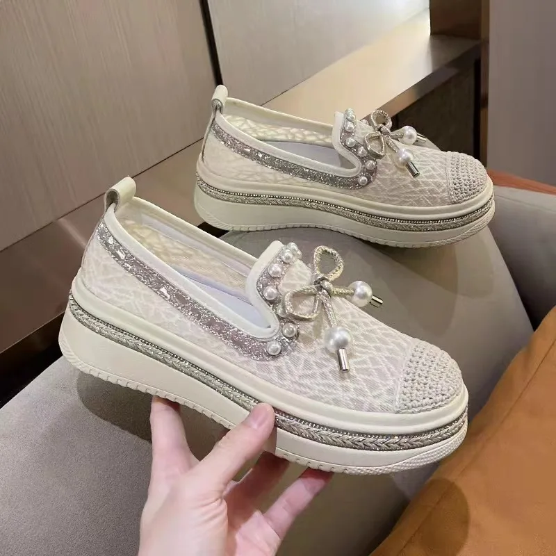 Foreign Trade Small Fragrant Wind Fisherman Shoes Female Summer 2023 New Mesh Surface Breathable Rhindiamonds Bow Pearl Leisure