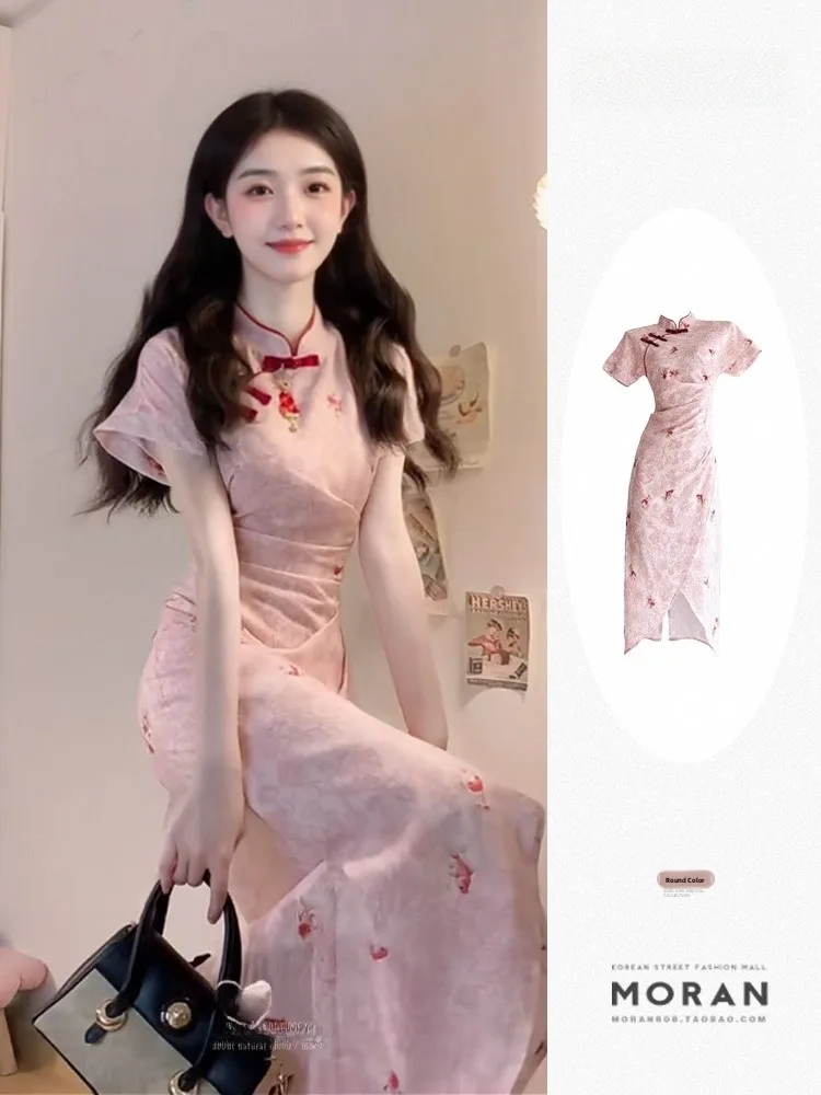 New Chinese Sle Pink Floral ort Sve Qipao Dr Design Sensation Summer National Trend ort Sve Long Dr
