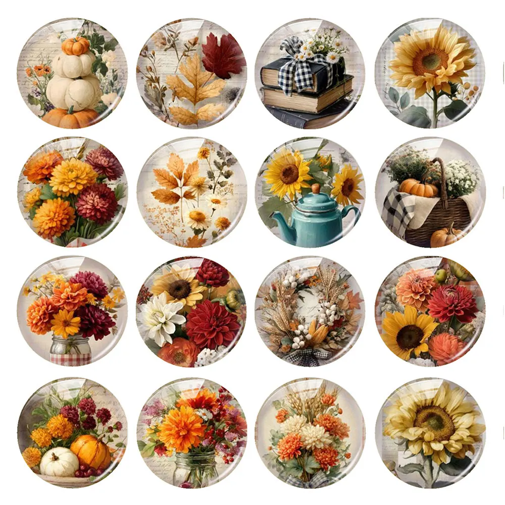 Random Mixed Round/Oval/Square Autumn Harvest Sunflower Pumpkin Photo Glass Cabochon Flatback Demo Cameo For Diy Jewelry Making