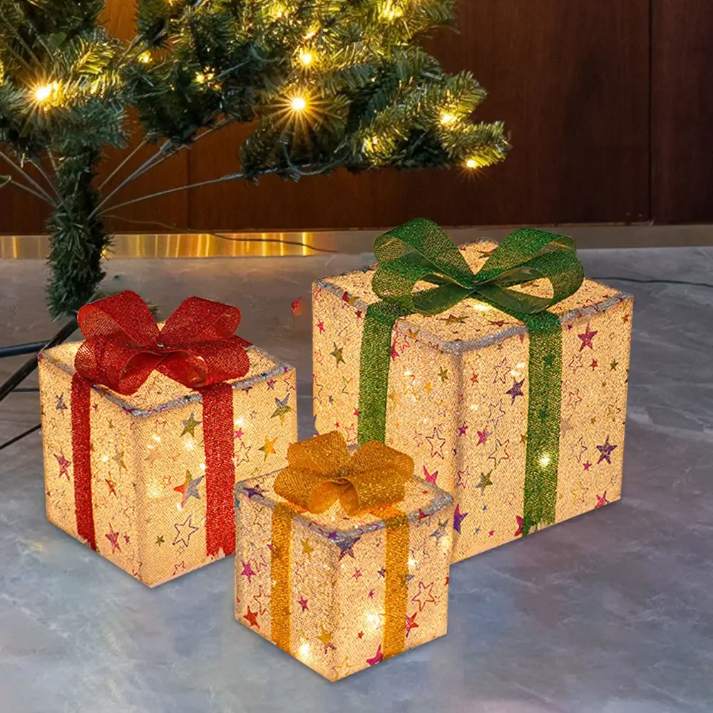 Christmas Lighted Gift Boxes with Remote Control, Set of 3 Smart Luxury Present Boxes for Christmas Decorations Indoors Outdoors