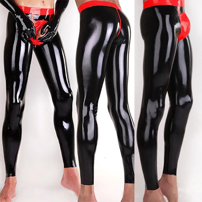 Latex Trousers Rubber Fashion Sport Red and black Highlight the crotch Pants Size XXS~XXL