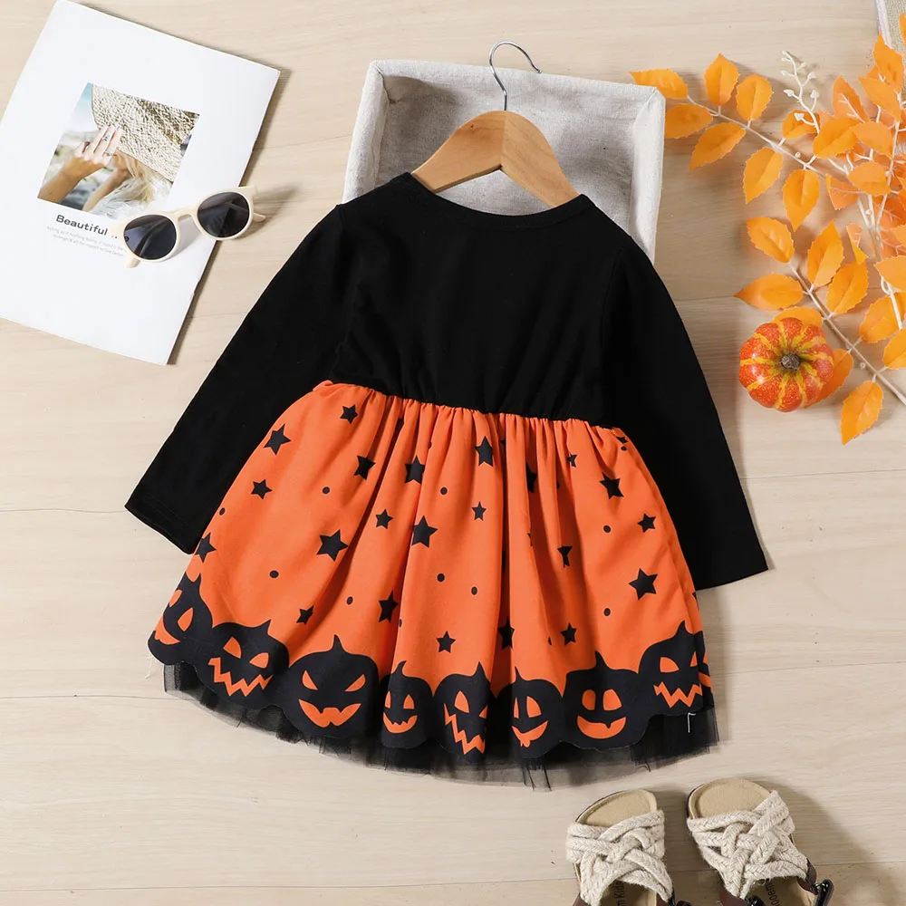 1-6Y Halloween Baby dresses Pumpkin star Print Long Sleeve Dress Bow Patchwork Dress fashion Girl outfits