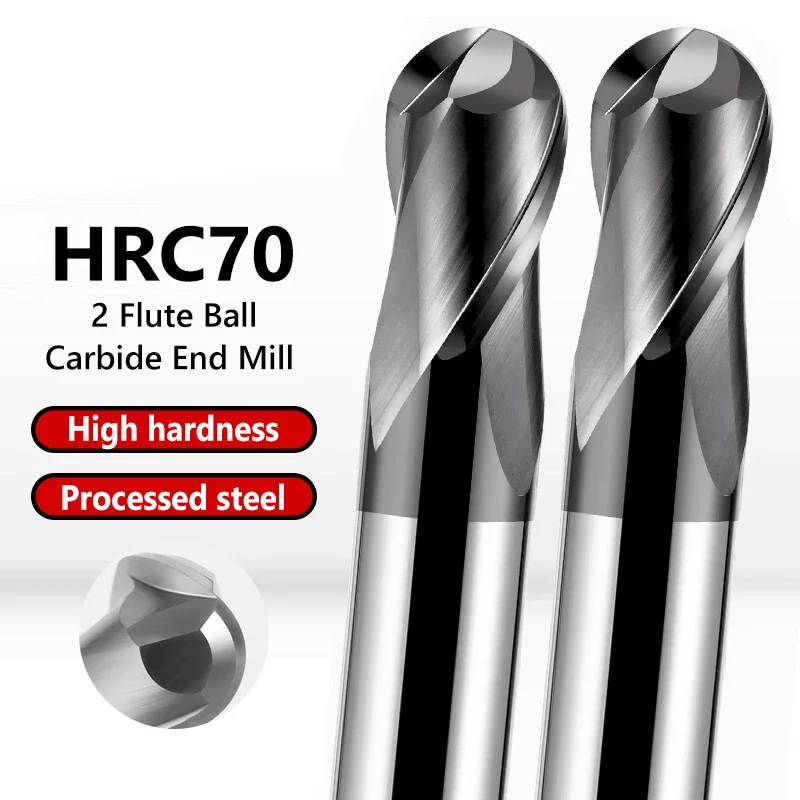 HRC70 Ball Nose End Mill Tungsten Carbide Cutter CNC Router Bit Milling Tool R0.5 2 4 6 810mm 2 Flute Metal Steel Machining Tool