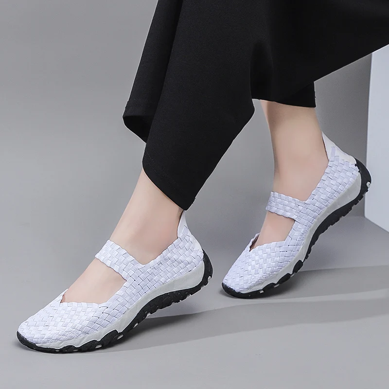 STRONGSHEN Summer Women Handmade Woven Walking Shoes Flats Sneakers Breathable Slip on Women Manual Woven Shallow Casual Shoes