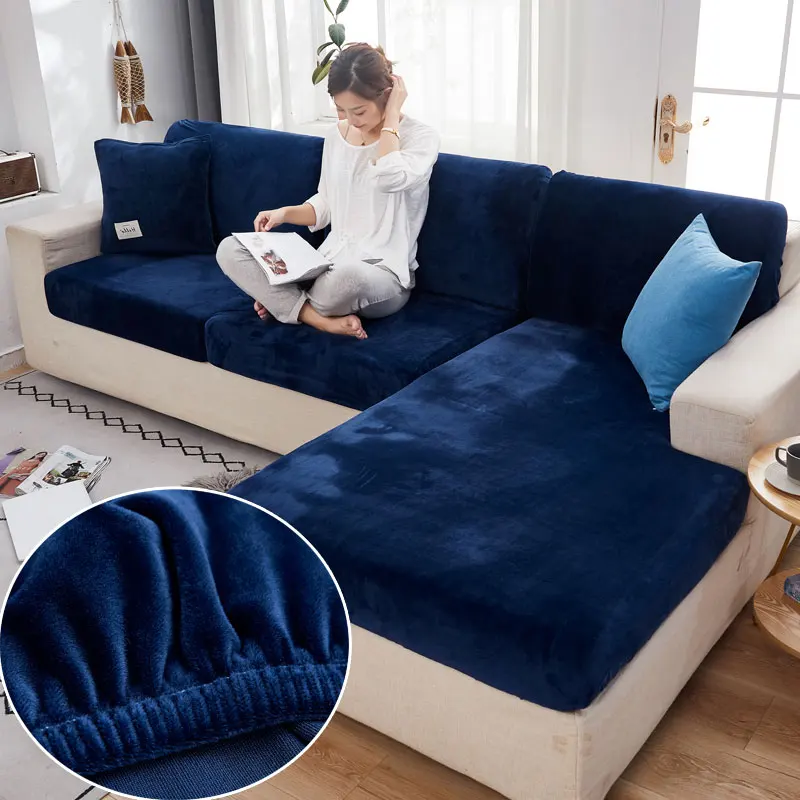 

Navy Blue Sofa Cushion Cover Plaid Polyester Slipcover for Living Room Funiture Protector Seat Cushion Elastic Solid Color