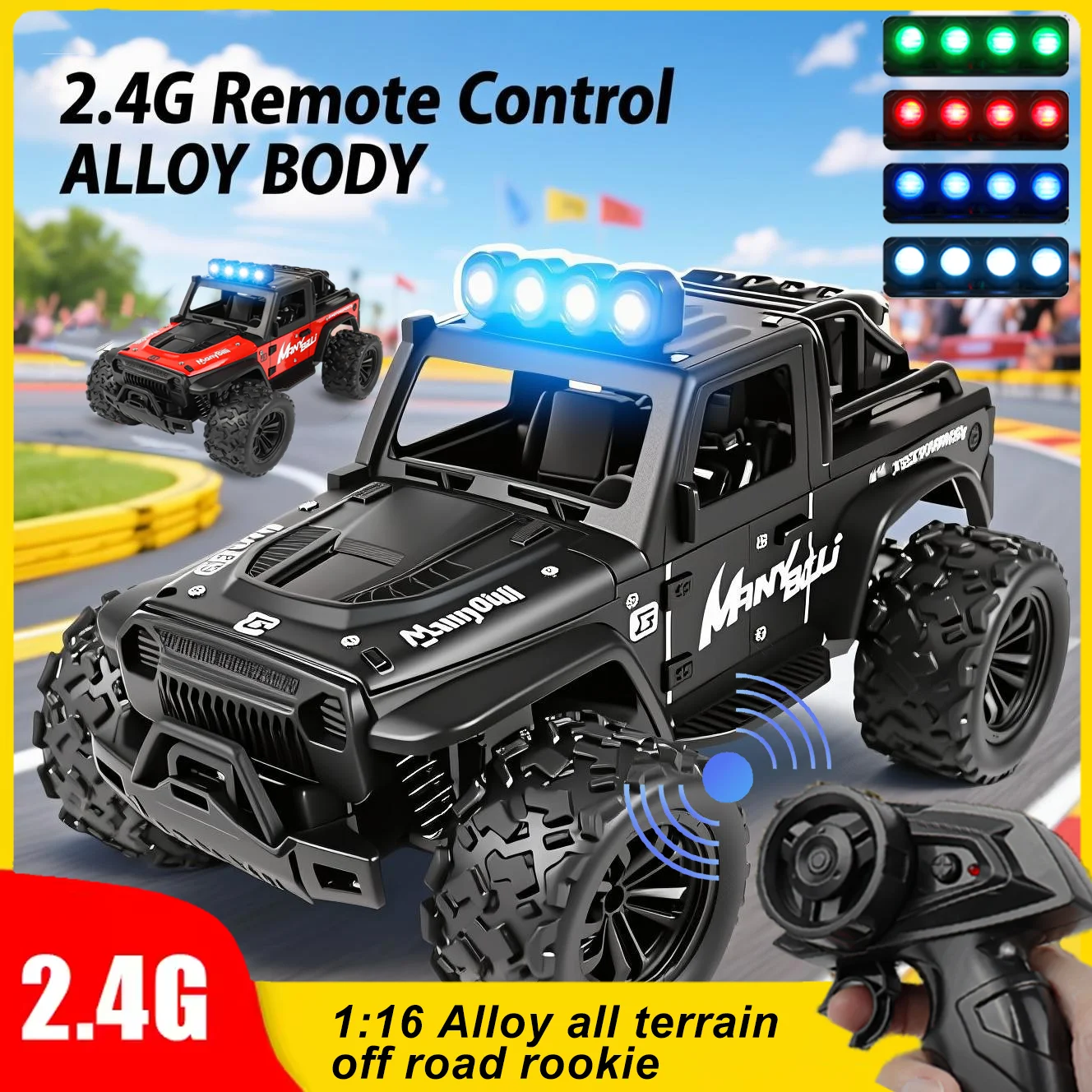 1:16 Alloy RC Off Road Truck 2.4G Remote Control Car with Color LED Light All Terrain Climbing Vehicle Toy Gift for Boys Kids Be
