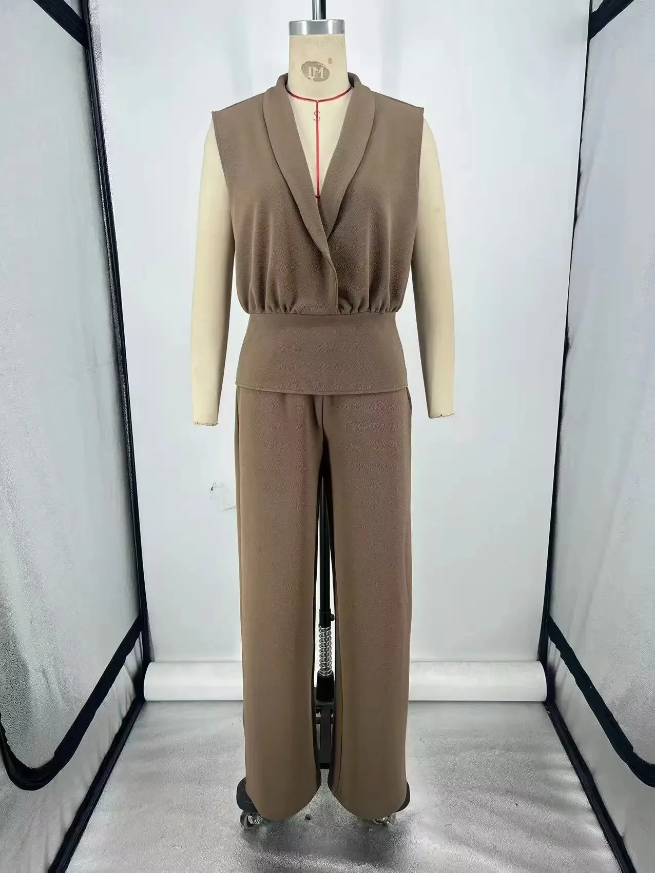 

HH Summer Women Chic Cross Collar Sleeveless Top+Loose Simple Texture Elastic Waist Wide-leg Long Pants Solid 2-Piece Set