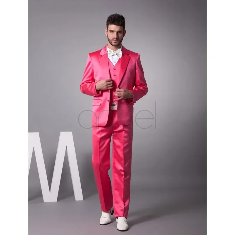 Hot Pink Satin Men Suit High Quality Jacket Slim Fit 3 Piece Suits Groom Style Tuxedo Custom Prom Blazer Ternos Costume Homme