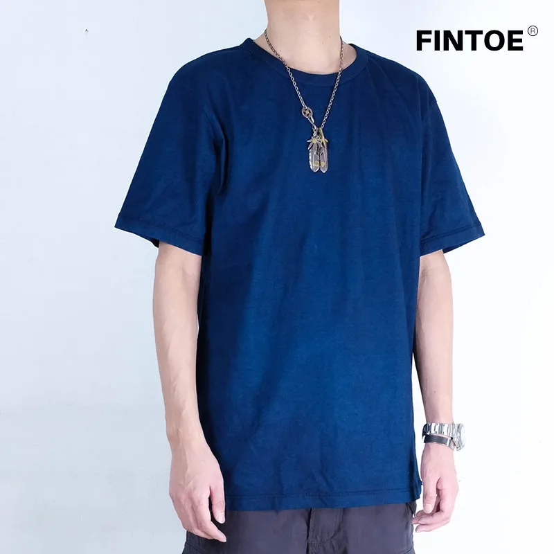 FINTOE Antique Blue Indigo Tee Vintage Plant Hand Stained Solid Color 230G Short Sleeve