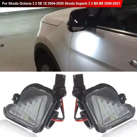 2Pcs 6000K White LED Under Side Mirror Light Puddle Lamps For Skoda Octavia 3 2 5E 1Z 2004-2020 Skoda Superb 3 2 B6 B8 2008-2021