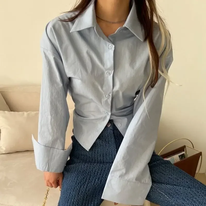 Long Sleeve Shirts for Women Fake Two Pieces Patchwork Korean Style Designs Off-shoulder Ruffles Baggy All-match Y2k Clothing