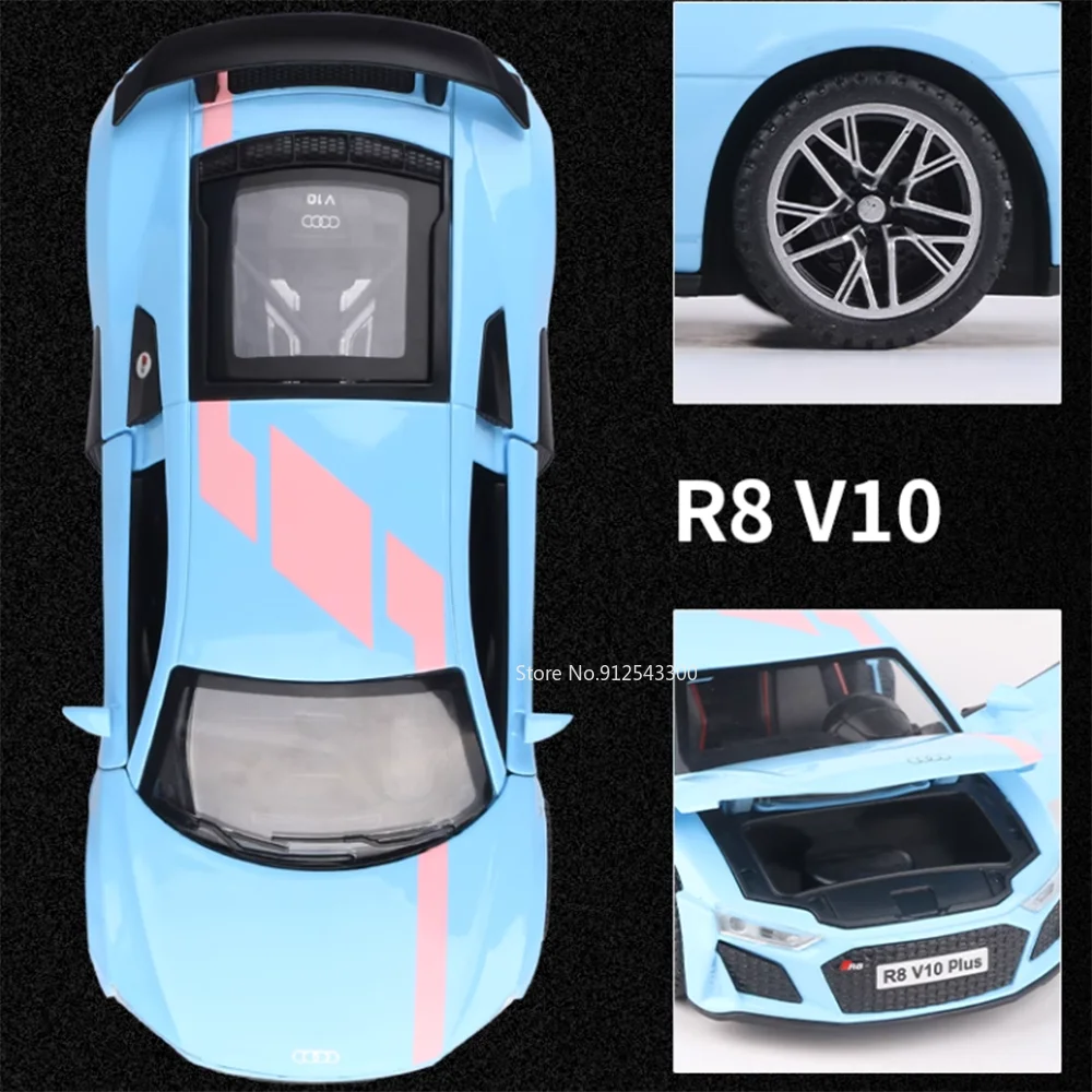 1:32 AUDI R8 V10 PLUS Sports Car Toy Miniature Model Alloy Diecast Light Sound Pull Back Vehicles Models Collection Gift Boys