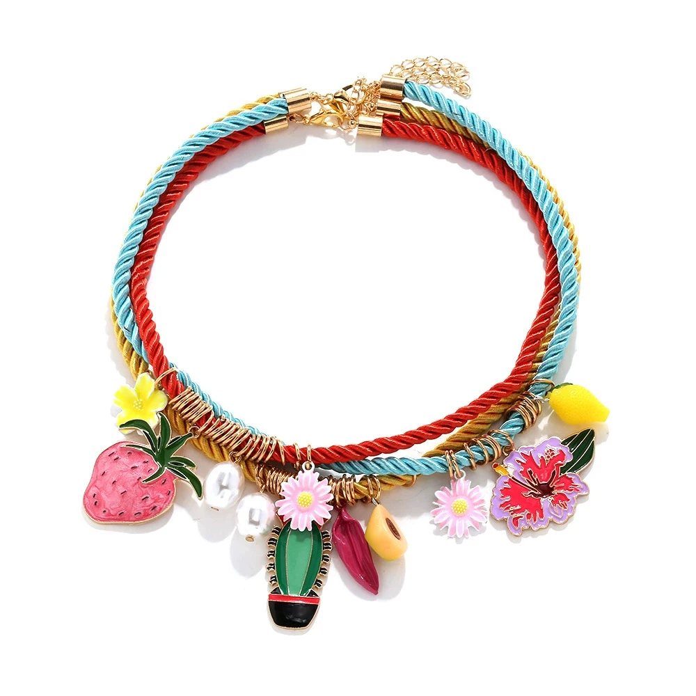 

Colorful Rope Choker Necklace Fashion Jewelry Trends 2025 Boho Summer Accessories Fruit Flower Pearl Charms Necklace for Women