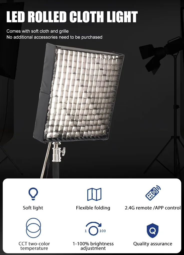 ZSYB JB-10 Bi-color LED Light Flexible Square Rollable Cloth Video Light APP Control 2700k-6500k 150w Professional Studio Lamp