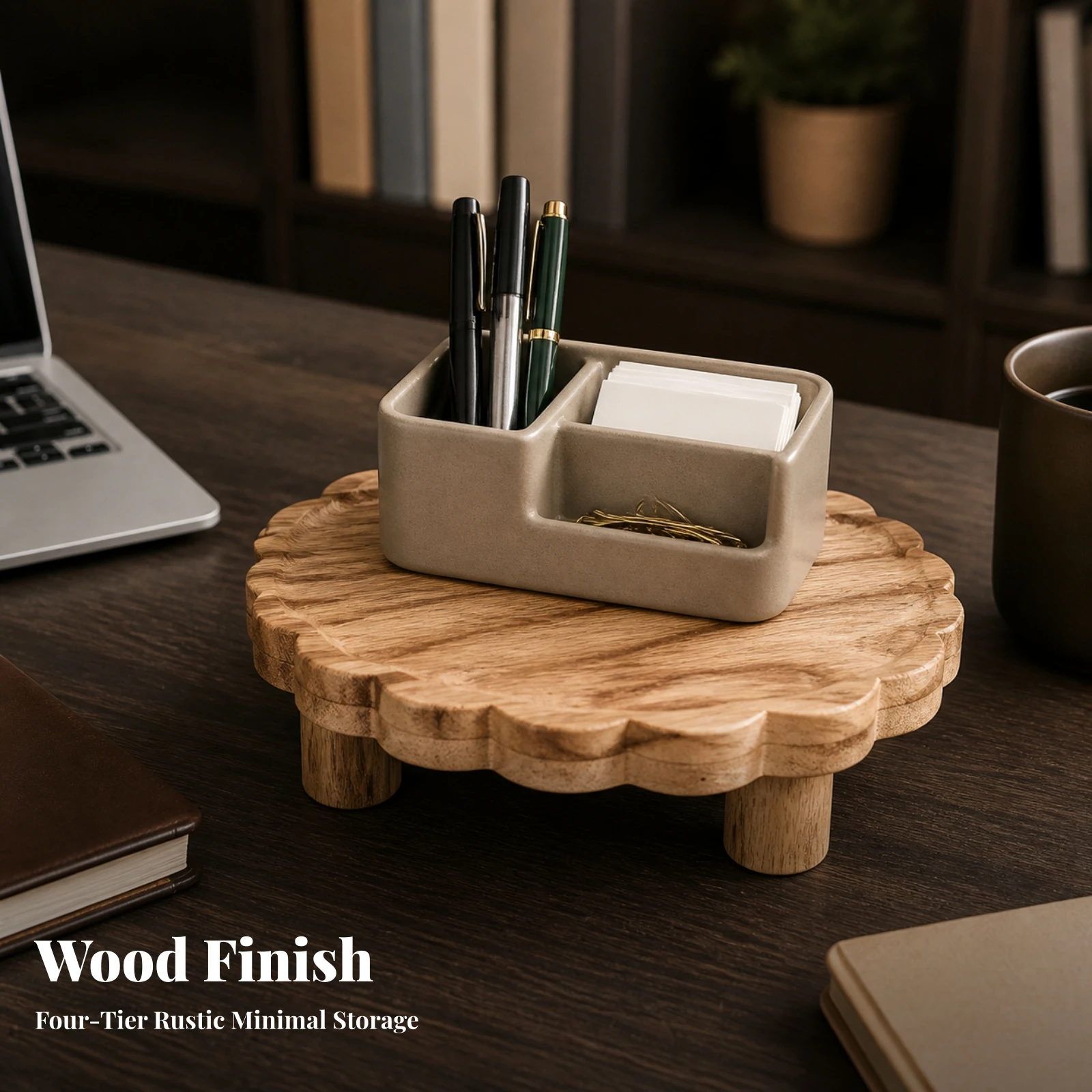 Four-Tier Wooden Display Rack with Cylindrical Legs Waterproof Wooden Tiered Display Organizer Riser Stand Anti-Slip