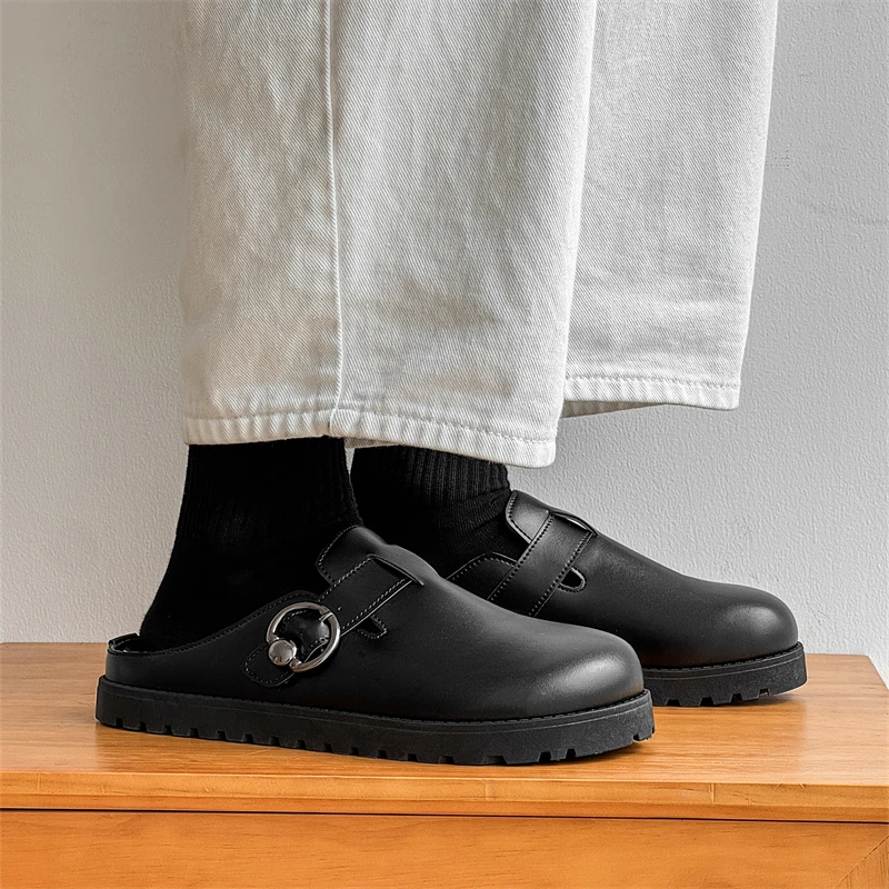 Leather Platform Mules Backless Loafers Slippers Thick Bottom Half Shoes For Men Closed Toe Slide Sandals Open Back Casual Shoes