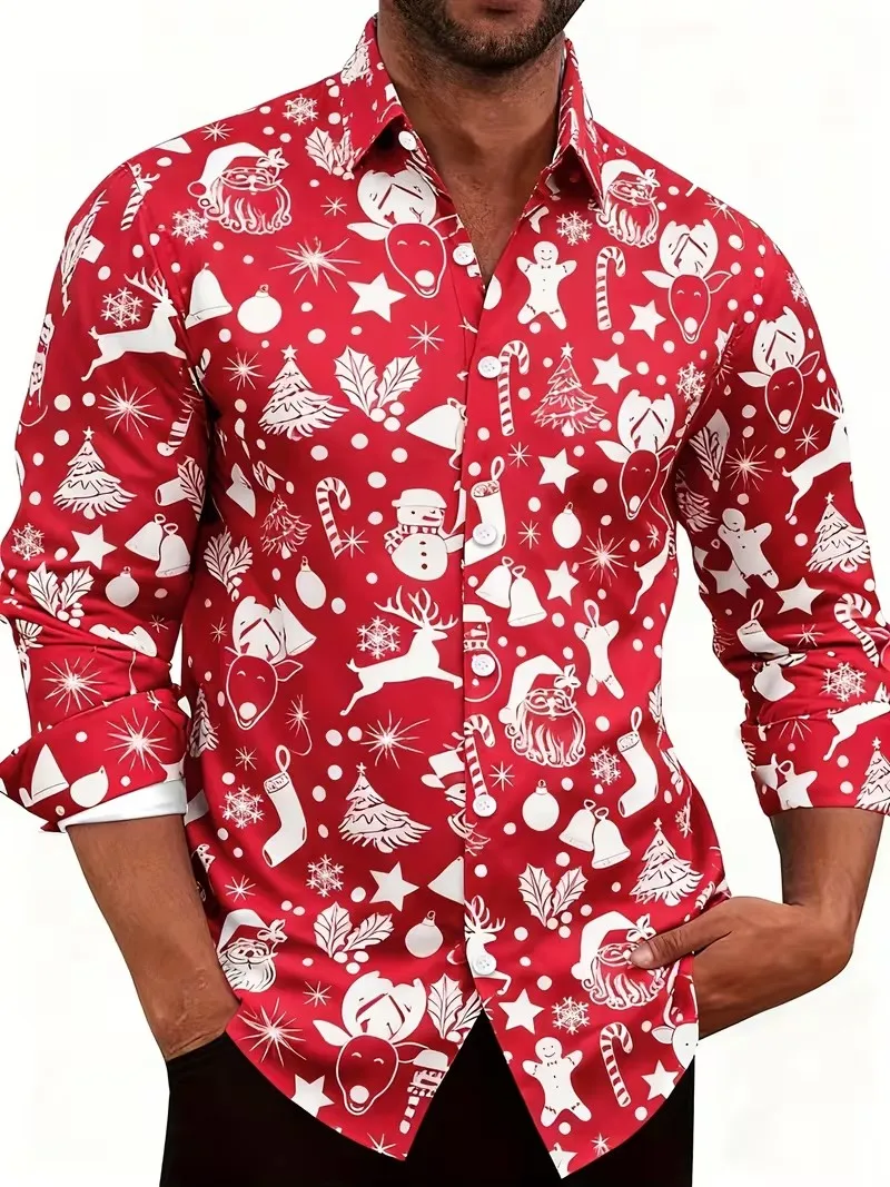 New men's Valentine's Day long sleeved shirt with red and white gradient heart print lapel shirt and romantic top