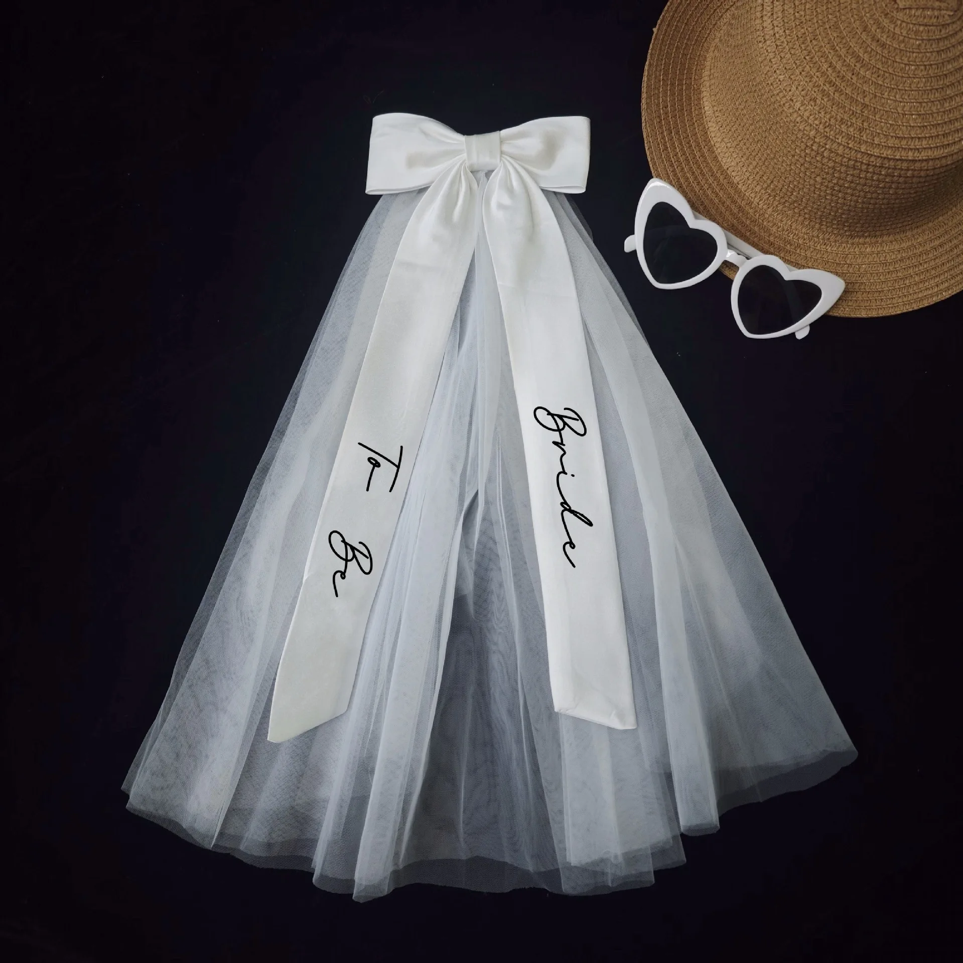 Woman Wedding Party Accessories Bachelor Party Bride Big Bow Veil Bridal Shower To Be Bride Printed Long Bowknot