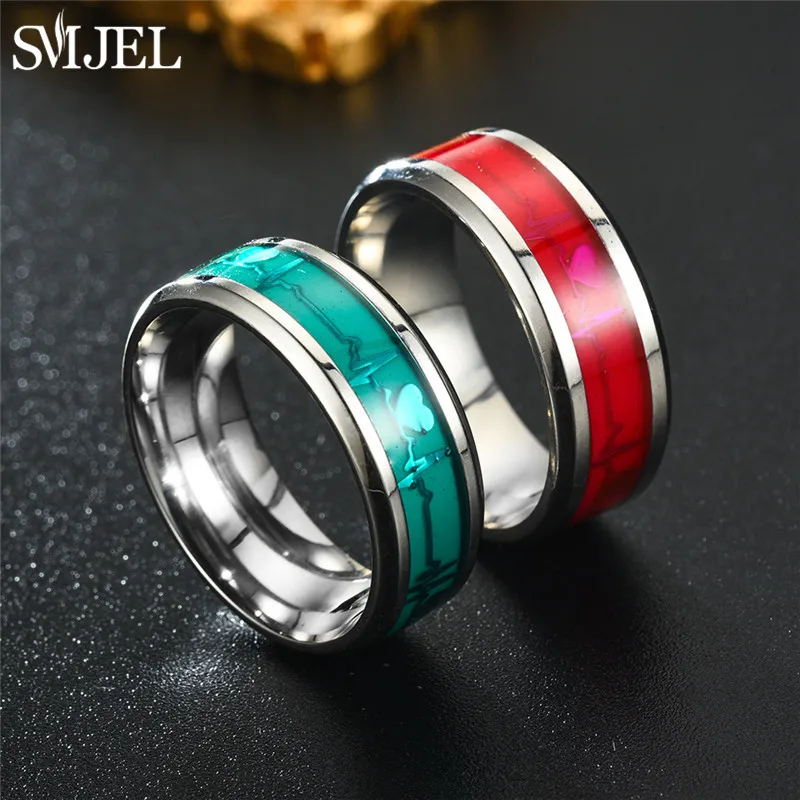 SMJEL Fashion Heartbeat Luminous Ring for Women Men Fluorescent Rings Heart Glow In Dark Stainless Steel Couple Ring JewelryGift