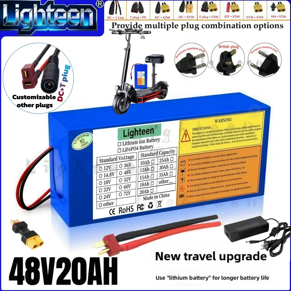 36V/48V rechargeable lithium battery pack, 10A/15Ah/20Ah, suitable for replacing batteries of 250-1200W electric vehicles, tax-f