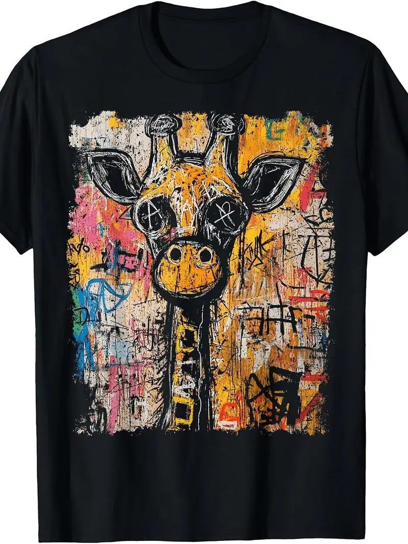T-Shirt Featuring A Giraffe In A 90S Graffiti Pop Art Style, Unisex Casual Graphic Tee For Animal Lovers, Summer Outings, Gift
