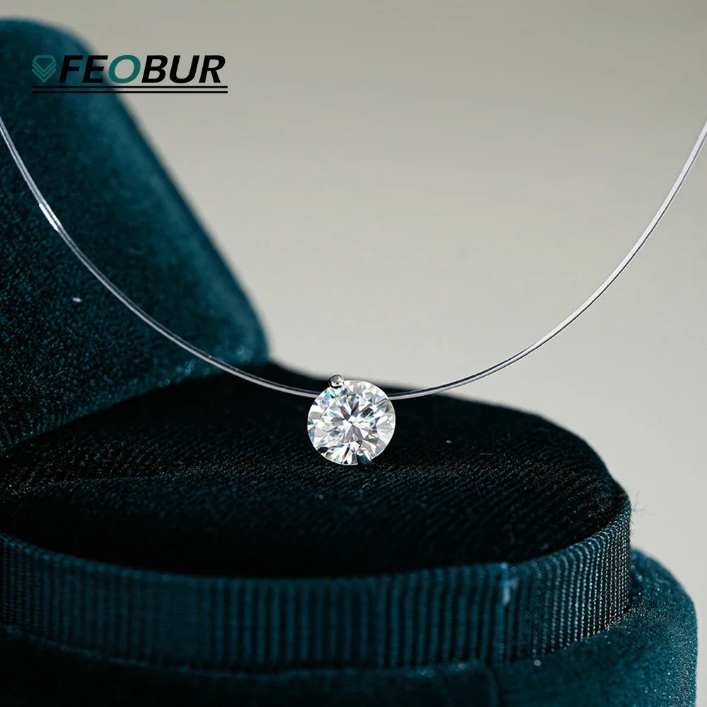 

Certified 0.5-2CT Moissanite Pendant Necklace for Women 925 Sterling Silver Transparent Fishing Line Choker Chain Party Jewelry